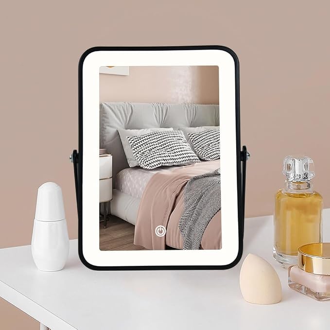 YEKKOPT Rechargeable Makeup Vanity Mirror with Lights, Small Desk Makeup Mirror with Lights, 3 Lighting Modes, Dimmable Touch Screen, Tabletop Light up Mirror