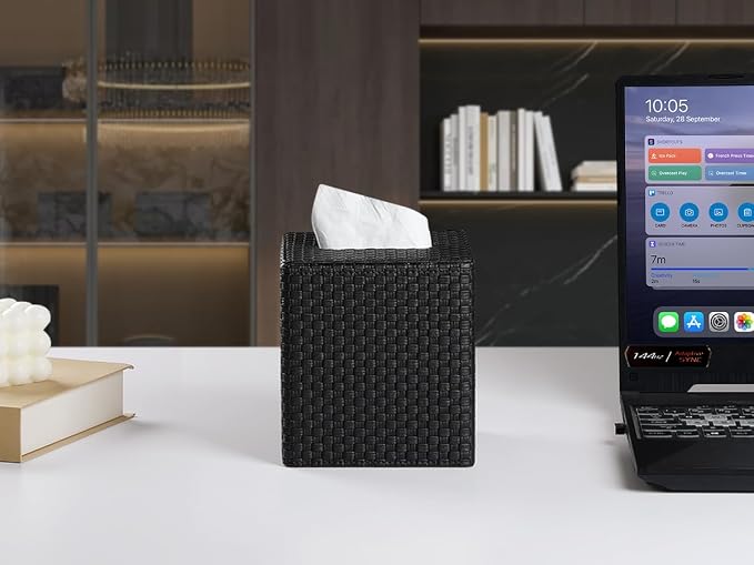 Square Tissue Box Cover, Stylish Leather Tissue Box Holder with Magnetic Bottom, Used As A Decorative Tissue Holder for Living Rooms, Bedrooms, and Desks(Black Woven Pattern)