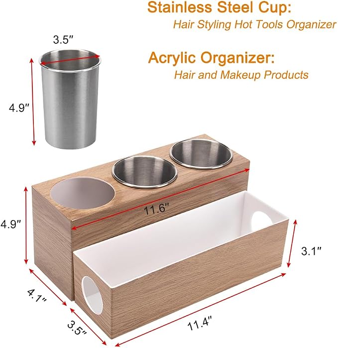GFWARE Hot Hair Styling Tool Organizer with 3 Stainless Steel Cups, Wood | Hair Accessories Bathroom Vanity Storage, Hair Dryer, Blow Dryer, Curling Iron, Flat Iron, Hot Tools Cooling, Wood-Look