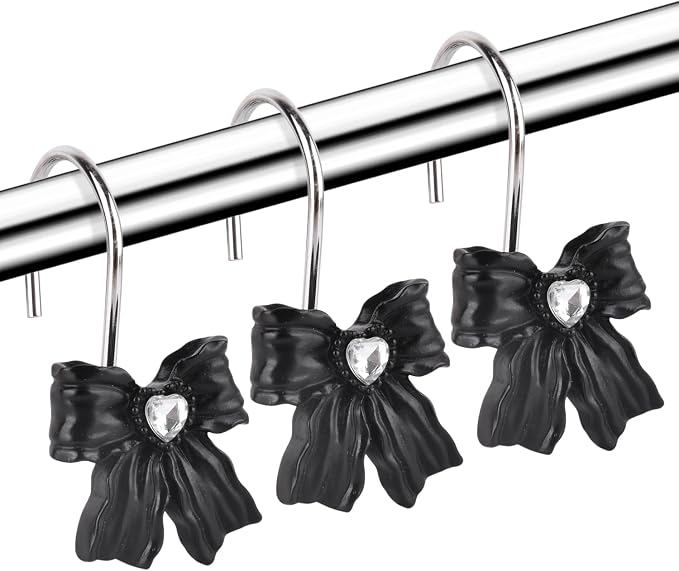 12PCS Shower Curtain Hooks Rings,Black Bow Decorative Shower Curtain Hooks | Modern Home Decorativ Rust Resistant Hangers Shower Hooks for Bathroom Shower Rod,Bedroom,Living Room