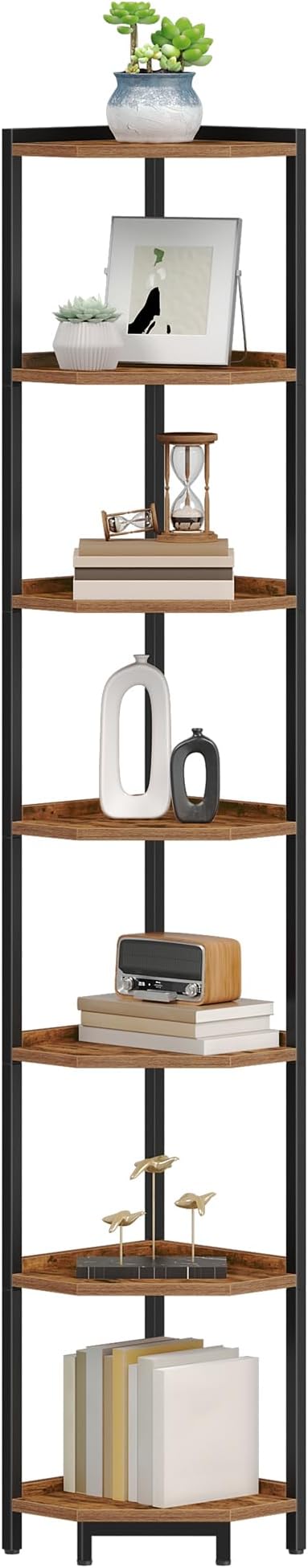 Hzuaneri Corner Shelf Stand 7-Tier Corner Bookshelf Storage Standing Shelf | Bookcase Plant Stand with Metal Frame for Living Room, Home Office, Bedroom, Rustic Brown CS07001B