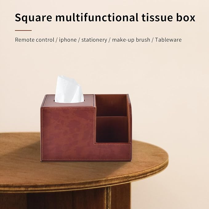 PU Leather Square Tissue Box Cover,Multifunctional Tissue Box Holder,Tissue Box with Storage,Tissue and Remote Control Holder,Tissue Box Decorative Desk Organizer for Home&Office,Brown