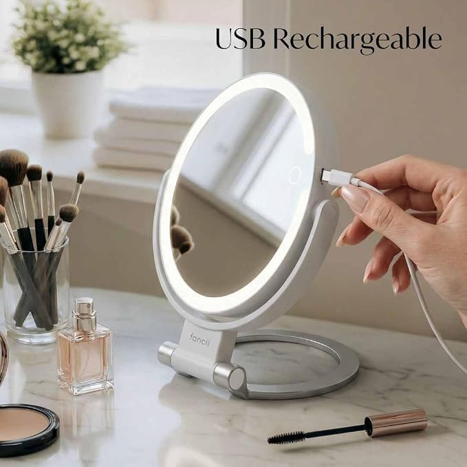 Fancii Travel Magnifying Mirror 10x /1x with Lights, Rechargeable | 9-Inch Extra Large LED Lighted Makeup Mirror, Folding Double Sided Portable Vanity Mirror, 3 Light Settings, Touch Sensor (Sadie)