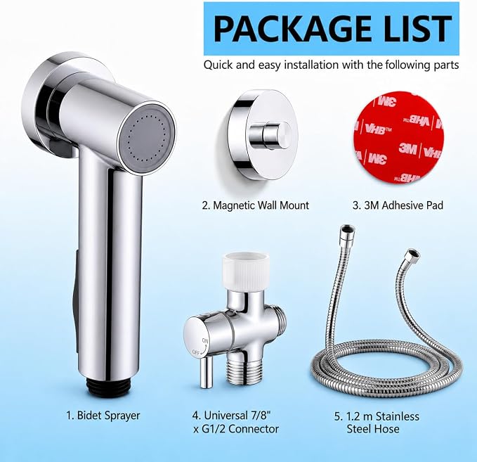 Handheld Bidet Sprayer for Toilet with Magnetic Wall Holder | ABS spray kit with adjustable water pressure, hose and T-valve for feminine hygiene, diaper cleaning and pet washing