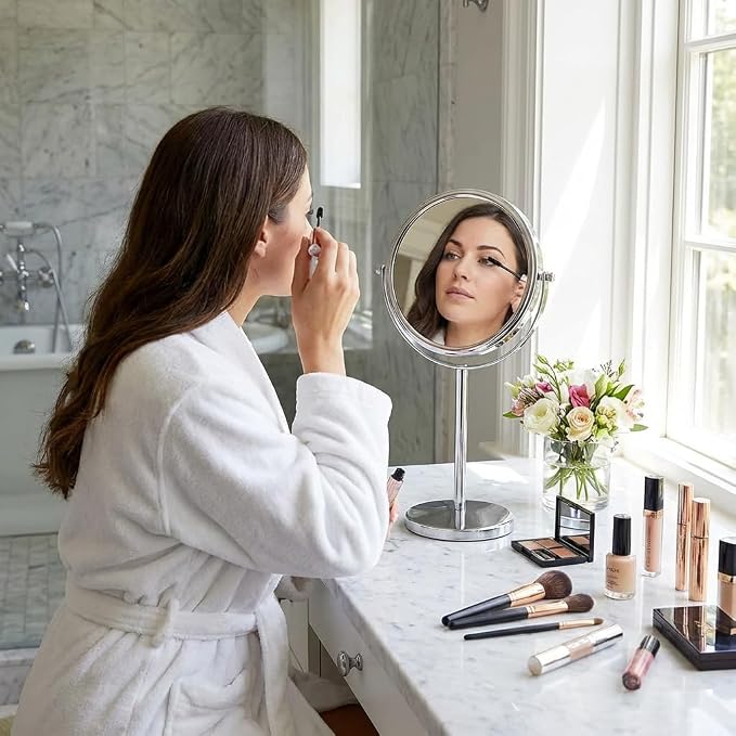 Double Sided 10X/1X Magnifying Mirror, 7" x 14" (Chrome) | Makeup Mirror on Round Stand for Table, Bedroom Vanity Desk & Bathroom Counter - Free Standing Vanity Mirror for Beauty Care