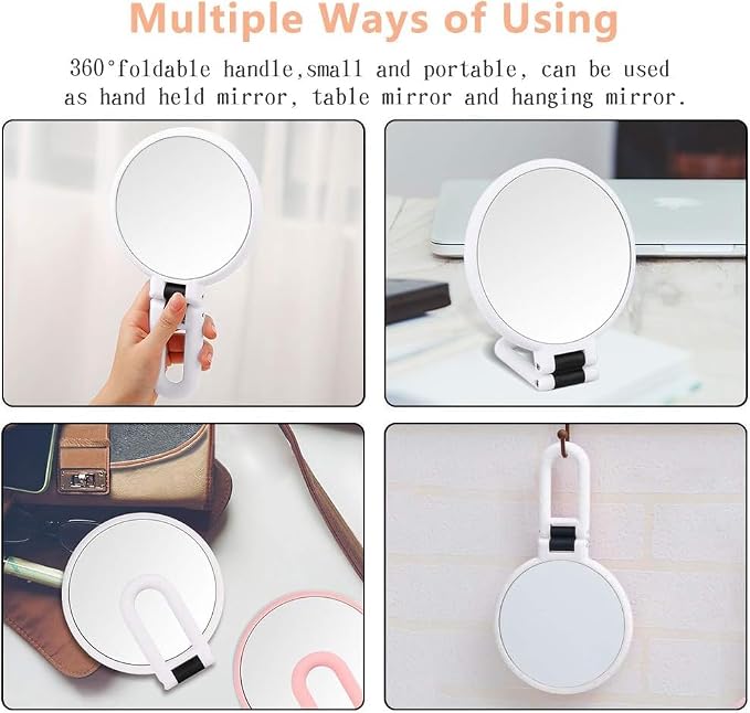 80X Magnification Vanity Mirror, 360° Adjustable Handle, Foldable Double-Sided Mirror, Handheld/Wall-Mounted/Desk-Mounted, Suitable for Makeup, Eyebrow Grooming, Portable Beauty Tool (White)