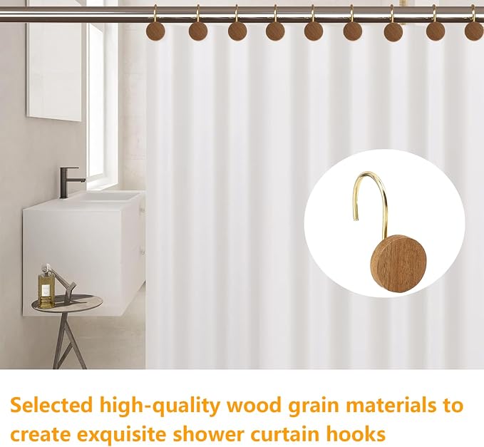 Shower Curtain Hooks, Wood Decorative Shower Curtain Rings, Modern Round Log Shower Curtain Hangers, 12PCS Shower Hooks for Shower Curtain Rod, Bedroom, Living Room (Gold)