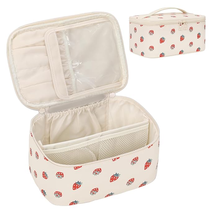 Makeup Bag,Travel Makeup Organizer Bag, Large Capacity Cosmetic Bags For Women Large Travel Toiletry Bag Girls Traveling With Brush Slot And Divider-PU Strawberry