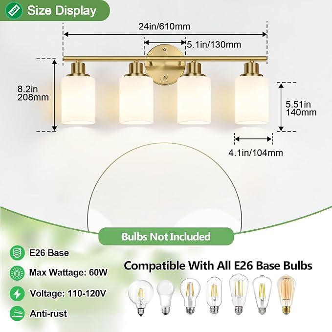 Zarbitta 4-Light Bathroom Light Fixtures, Brushed Gold Modern Vanity Lights with Milky White Frosted Glass Shades, Bathroom Wall Lamp for Mirror Kitchen Living Room