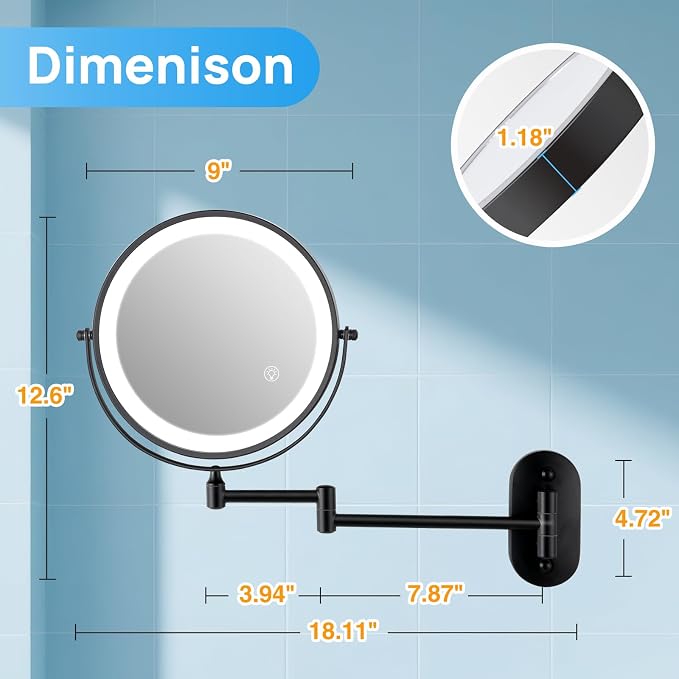 Magnifying Mirror with Lights 1x/30x: 9" Wall Mounted Lighted Makeup Mirror | Rechargeable 3000mAh, Double Sided, Extendable Arm, 360° Swivel Bathroom Mirror, Black