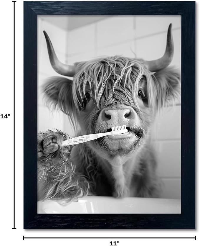 Highland Cow Bathroom Decor, Funny Bathroom Wall Art, Cow Pictures in Toilet Decor, Black Framed Canvas Print, Black and White Animal Wall Art for Bathroom