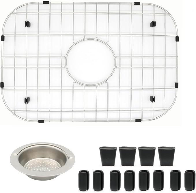 Kitchen Sink Grid 18-7/8" x 13-3/4"- Heavy Duty Kitchen Sink Protector with Built-in Strainer & Center Drain, Non-Slip Rubber Feet & Scratch Resistant Bottom Guard