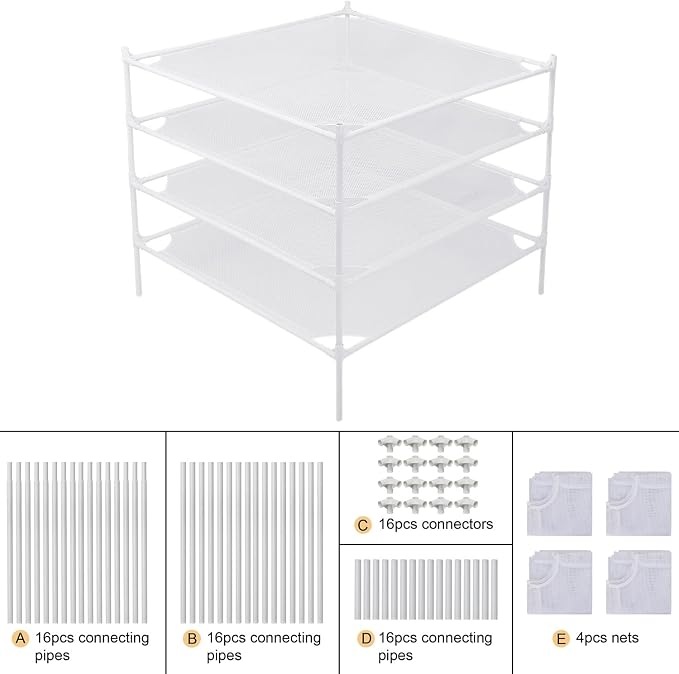 Sweater Drying Rack Flat, Metal Tube Mesh Clothes Drying Rack for Laundry with Rubber Feet, Stackable Laundry Clothing Dryer Rack for Art, Clothes, Indoor & Outdoor, White, 4-Layer