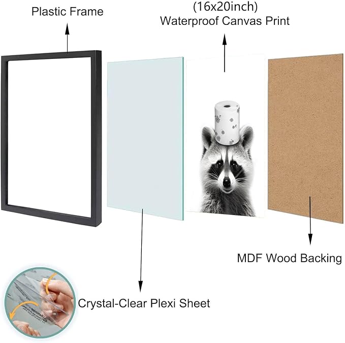 Ardakar Framed Cute Raccoon Wall Art, Funny Bathroom Decor Wall Art, Black and White Canvas Print Farmhouse Wall Decor, Ready to Hang Kid's Room Decoration (Framed,16''x20'')