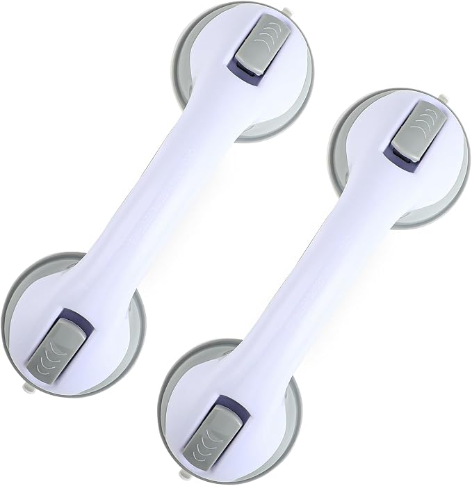 Grab Bars for Shower, 12 Inch Shower Handle for Seniors, 2 Pack Gray White | Strong Suction Cup, for Elderly, Handicap, Bathroom Wall, No Drill, Waterproof, Anti-Slip, Removable