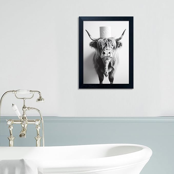Framed Highland Cow Canvas Wall Art Funny Cow Bathroom Decor Cow Print With Toilet Paper on Head Black and White Animal Bathroom Picture Artworks for Home