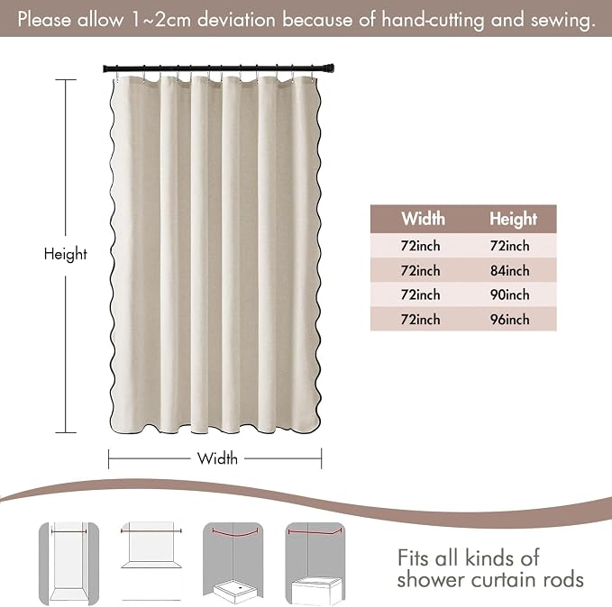MIULEE 84" Long Natural Scalloped Linen Shower Curtain 72W x 84L | 12 metal hooks, Linen scalloped, waterproof washable, thick heavy cloth, black border, boho farmhouse, bathroom hotel use