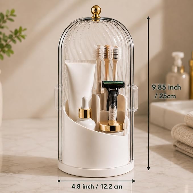 Rotating Toothbrush Holder with Cover, Storage for Bathroom, Dustproof Toothbrush Holder with Sliding Lid Electric Tooth Brush and Makeup Brush Organizer for Vanity, Dustproof with Cover