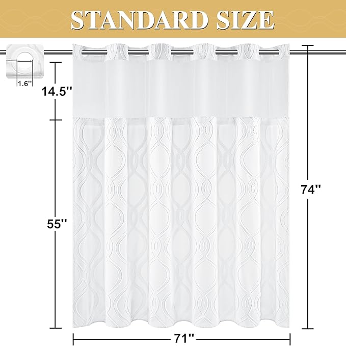Yinhua No Hook Shower Curtain with Snap in Liner Set, 71" W×74" L, White | Hotel Style with See Through Top Window, Washable Waterproof, Tufted Textured, Hookless Curtain for Bathroom Bathtub