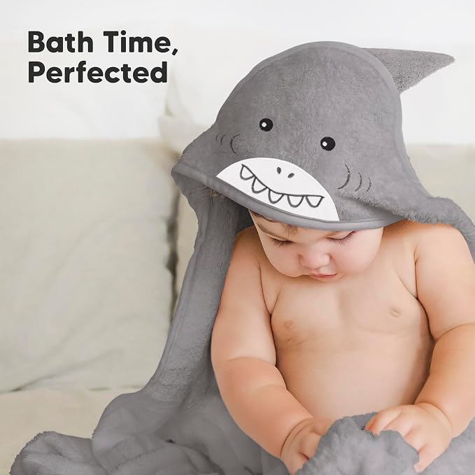 KeaBabies Hooded Baby Towel for Newborn, Baby Bath Towels (Shark, 35x35) | Viscose Derived from Bamboo, Large Baby Towels with Hood, Boys, Girls, Toddler, Soft Absorbent Baby Bath Essentials