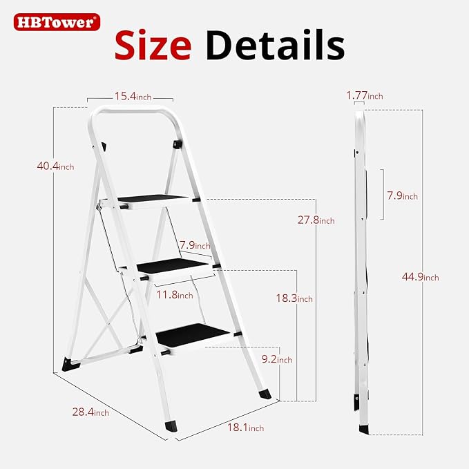 HBTower Step Ladder Folding Step Stool for Adults | 3 Step Ladder with Anti-Slip Pedal, 330 lbs Capacity for Kitchen, Home, White