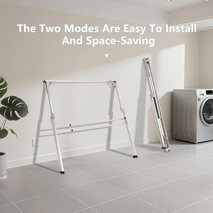 63 inches Foldable Clothes Drying Rack, Stainless Steel Indoor Outdoor Use | Heavy Duty Laundry Drying Rack, Adjustable Length Clothes Rack with 3 Reinforcement Bars and 20 Windproof Hooks