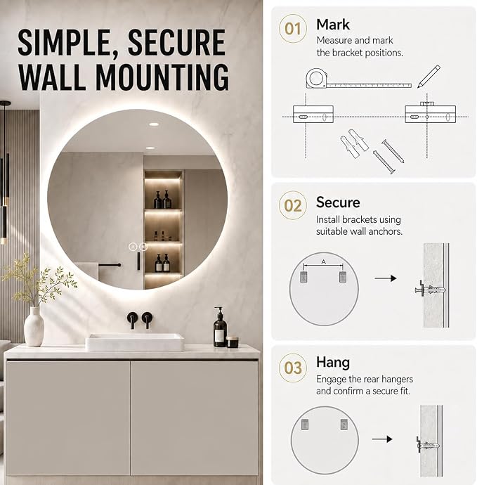 LAIYA 32 Inch Round LED Bathroom Mirror Frameless Backlit Anti-Fog Dimmable | Touch control, 24V IP65 strip, CRI 95+, 3000K-6000K colors, 10%-100%, memory, 5mm copper-free glass, 3-5 min defog, wall kit.
