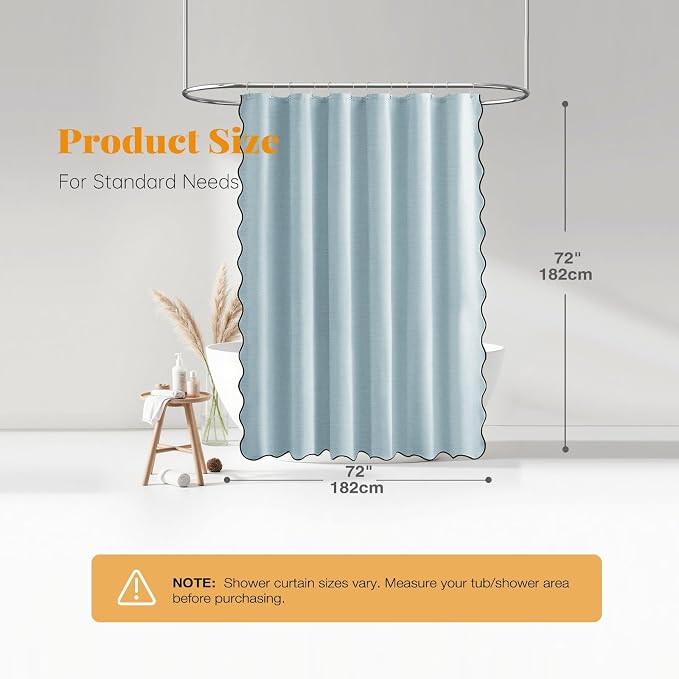 Fog Blue Boho Scalloped Linen Textured Cloth Shower Curtain Set, 72x72 | 230GSM Waterproof Polyester, Heavy Duty Fabric, 12 Plastic Hooks, Modern Farmhouse Style, Machine Washable, Bathroom Decor