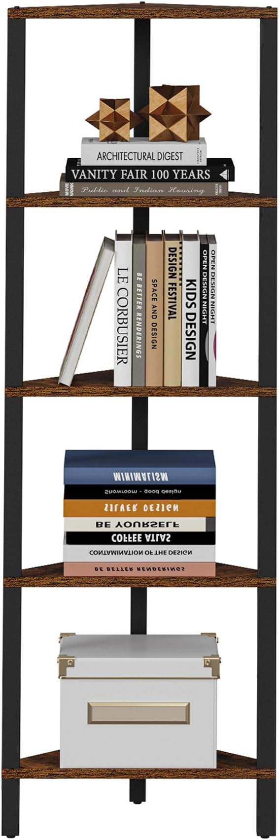 TUTOTAK Corner Shelf, 5-Tier Corner Bookshelf for Small Space | Narrow Display Corner Shelf Stand with Storage Rack, for Living Room, Bedroom, Rustic Brown BS05BB005
