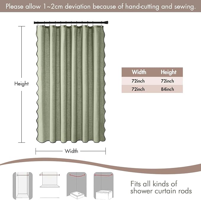 MIULEE Sage Green Scalloped Linen Shower Curtain 72W x 72L | 12 metal hooks, Linen scalloped, waterproof washable, thick heavy cloth, black border, boho farmhouse, bathroom hotel use