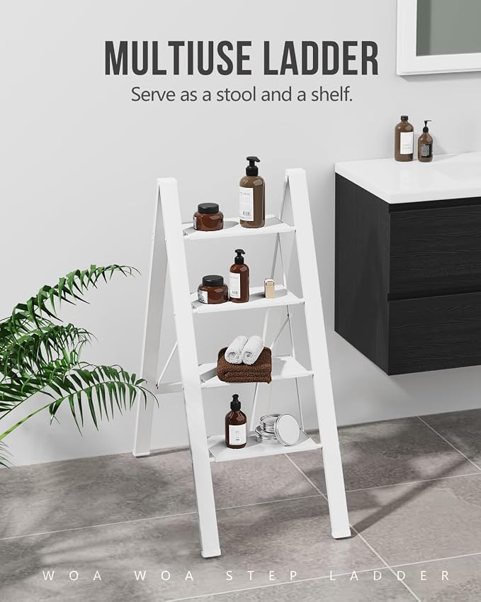 4 Step Foldable Step Stool, 300lbs Load, White | Folded 43''H x 2''T; Net 9.9 lbs; Non-Slip Feet: Wood/Tile/Carpet; Rigid Aluminum Steps; No Assembly; Ready From Box.