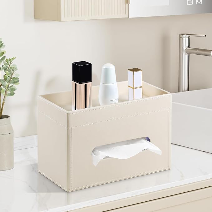 Plus Size Tissue Box Cover, Rectangle Tissue Box Organizer, Beige | Fit 180/230 Count Tissue Boxes, Storage Tray, PU Leather Large Tissue Box Cover, Rectangular Tissue Box Holder for Bathroom