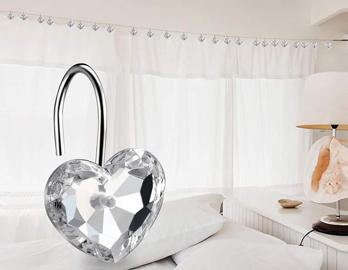 HBlife 12 Pcs Acrylic Decorative Rolling Diamond Shower Curtain Hooks Rust Proof Rhinestones Crystal Bling Shower Curtain Hooks for Curtain and Shower Rod, Clear Heart