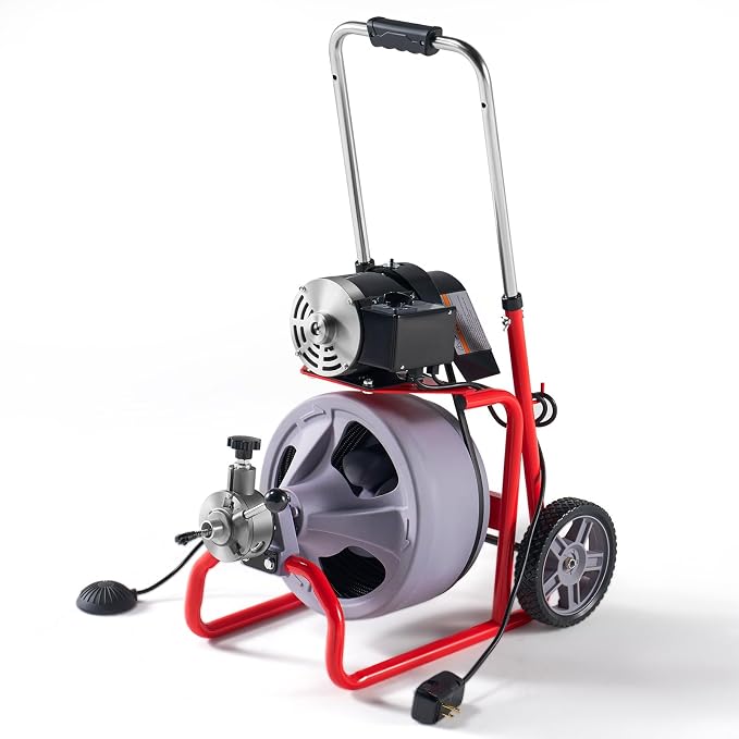 Albott 75 FT x 3/8 Inch Electric Drain Cleaner Machine | Auto-Feed Sewer Snake Auger for 1-4 Inch Pipes, with 9 Cutters, Wheels and Foot Switch, Gray/Red