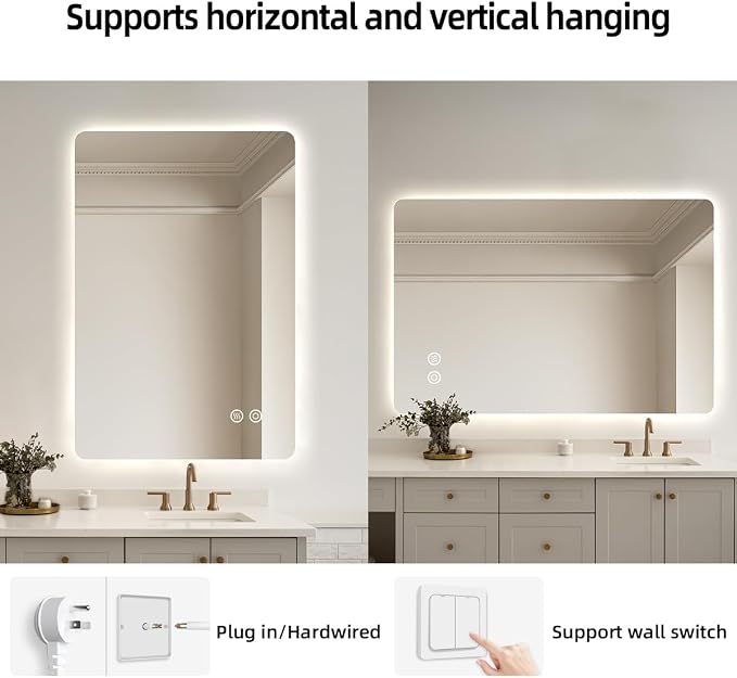 40" x 32" Backlit LED Bathroom Mirror, Smart Touch Button | Anti-Fog Mirror, 3-Color Dimmable, CRI≥93, Wall-Mounted Backlit Mirror with Lights for Modern Bathroom (Horizontal/Vertical)