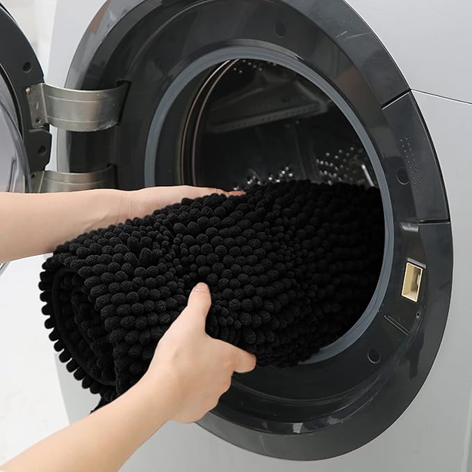 Striped Black Bathroom Rug Mat 32"x20" Ultra Soft, Non Slip Chenille Bath Rugs, Absorbent Plush Shaggy Bath Mats for Bathroom, Bedroom, Kitchen, Shower, Tub