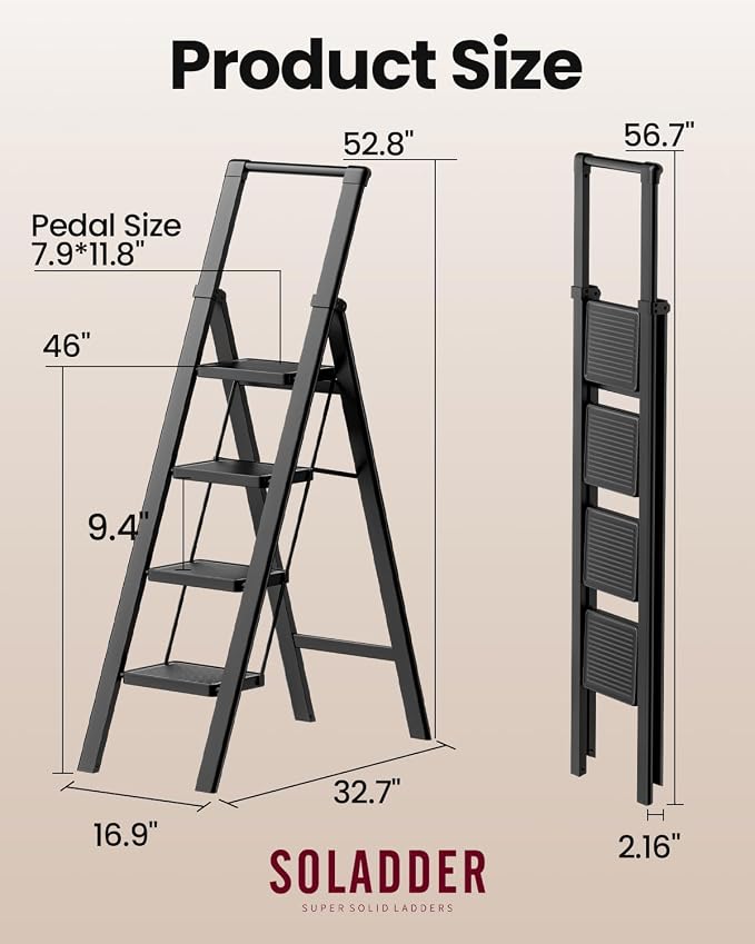 4 Step Ladder, Folding Step Stool, Lightweight Stepladder, Black | Reach 8ft;Anti-Slip 7.9'' Wide Pedal;Portable Handrail;Space-Saving;For Kitchen, Home, Library, Office Use;300lbs Capacity