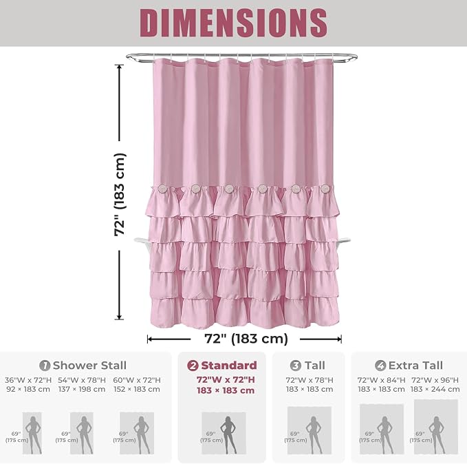 Seasonwood Pink Ruffle Shower Curtain Farmhouse Shower Curtain 72 X 72 | Natural button accents, layered fabric tiers, shabby chic and French country styling for decorative bathroom updates