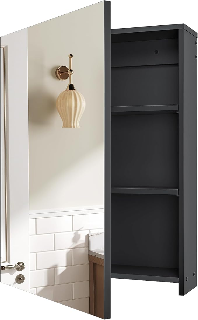 Bathroom Medicine Mirror Cabinet, 17.7'' x 23.6'', Wall-Mounted Bathroom Vanity with Mirror, Bathroom Medicine Cabinet with Storage Function, Hanging Storage Cabinet, Adjustable Shelves, Black