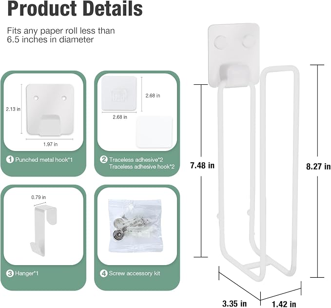 Tokokimo Toilet Paper Storage, Wall Mount Toilet Paper Holder Self Adhesive for 2 Roll Tissue, Over The Tank Toilet Paper Holder Stainless Steel for Bathroom Storage, RV (White 1Pcs)