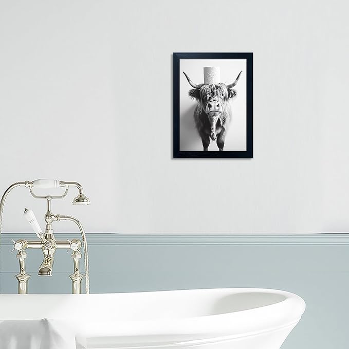 Framed Black and White Bathroom Wall Decor Highland Cow with Toilet Paper on Head Canvas Wall Art Toilet Decor Cow Pictures Wall Decor Animal Bathroom Sign Artworks for Home