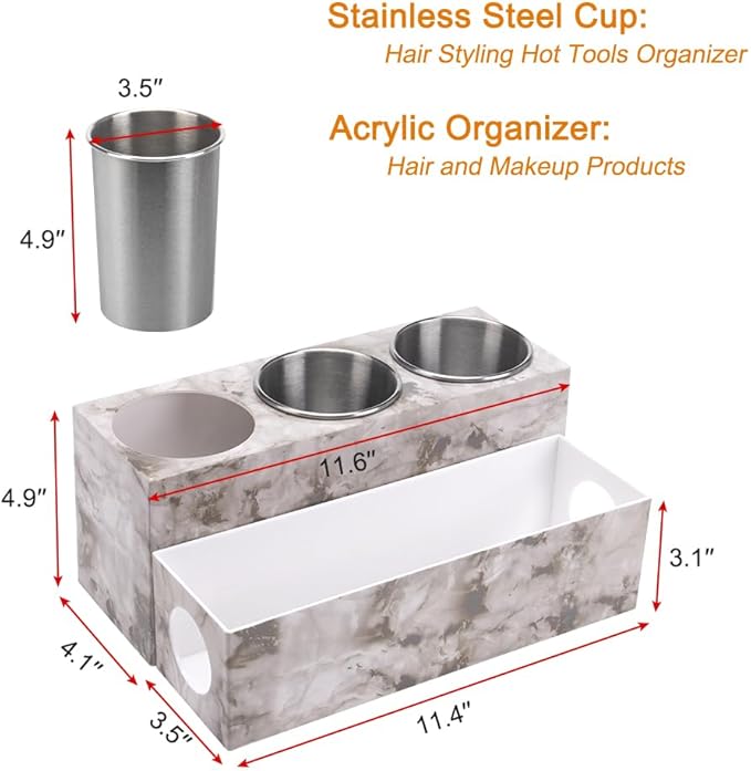 GFWARE Hot Hair Styling Tool Organizer with 3 Stainless Steel Cups, Marble | Hair Accessories Bathroom Vanity Storage, Hair Dryer, Blow Dryer, Curling Iron, Flat Iron, Hot Tools Cooling, Marble-Look