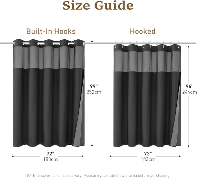 72x99 Ringless Linen Textured Shower Curtain with Snap in Liner, Black | Extra Long Size, 3 in 1 Durable Fabric Shower Curtain, Removable Liner, Waterproof & Washable, Mesh Top Window, Easy Setup