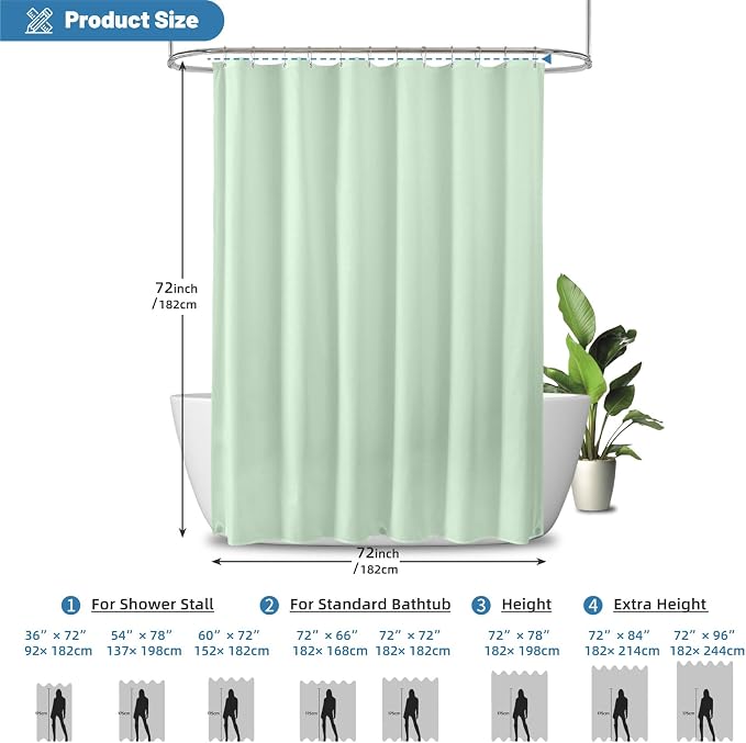 1 Pack Water-Repellent Fabric Shower Curtain Liner, 72x72 MintGreen | 100% polyester, 3 Magnets, Rustproof Grommets&Weighted Hem, quick-dry,machine washable, hotel quality for Standard bathroom
