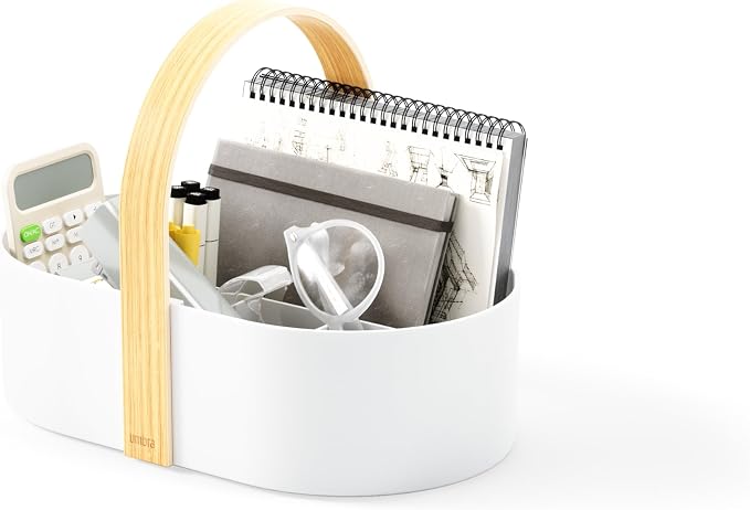 Umbra Bellwood Caddy, Wooden Handle Makeup Organizer, Small, White/Natural | Rubber feet protect surfaces, removable divider, lightweight portable design, easy to clean, recycled plastic body