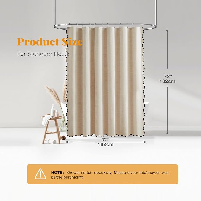 Beige Boho Scalloped Linen Textured Cloth Shower Curtain, 72x72, Cream | 230GSM Waterproof Polyester, Heavy Duty Fabric, 12 Plastic Hooks, Modern Farmhouse Style, Machine Washable, Bathroom Decor
