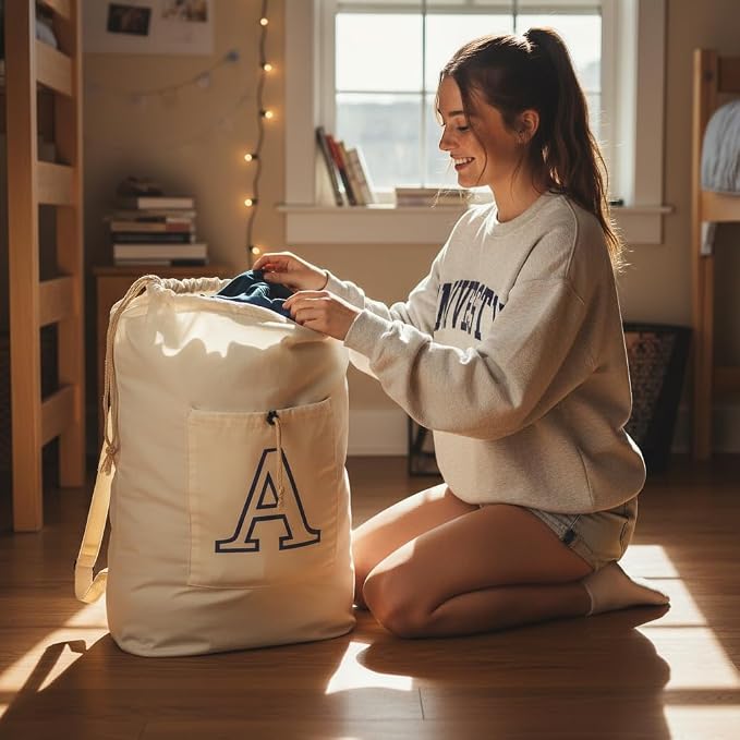 Laundry Bag Backpack Personalized Initial Design Canvas Laundry Bag with Straps & Drawstring Closure Dirty Cloth Hamper Bag for College, Travel, Laundromat, Camping (Letter A)