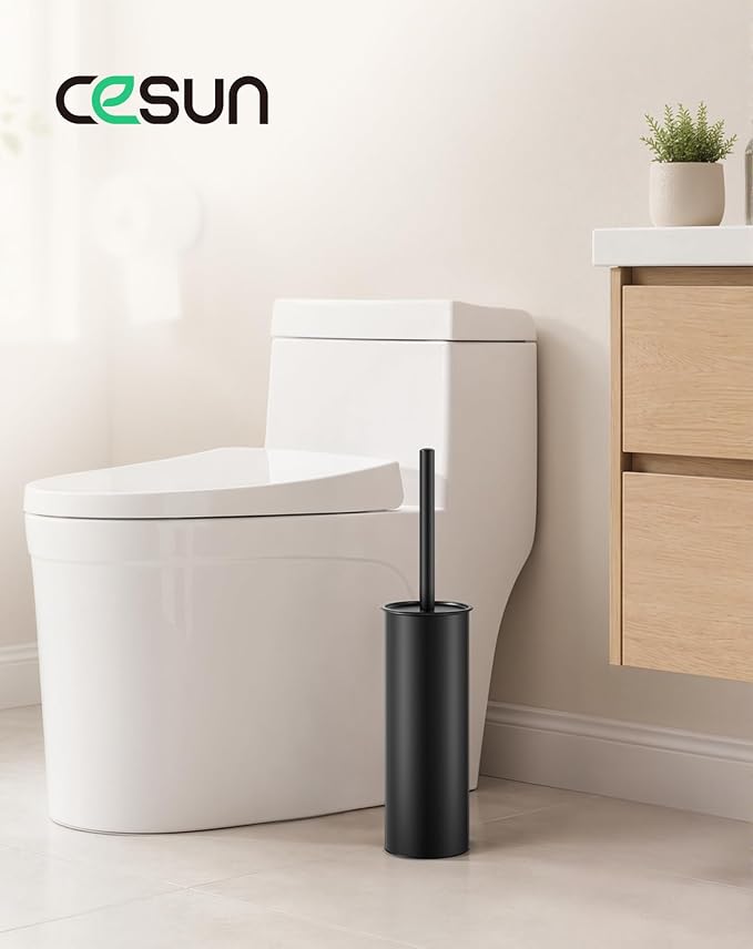 Cesun 304 Stainless Steel Toilet Brush and Holder Set, 2 Brush Heads, Black | S-Shaped Deep Cleaning, Scratch-Free Nylon Bristles, Long Handle & Splash Guard, Replaceable Brush Head