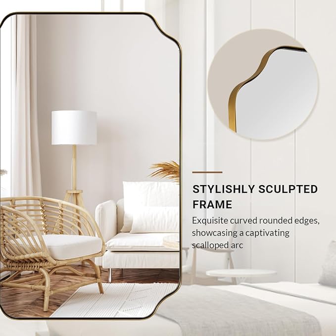 24"x48" Large Bathroom Mirror, Brushed Gold Rectangle Mirror, Scalloped Mirror for Bathroom in Anti-Rust Stainless Steel Metal Frame 1" Deep, Hangs Vertically/Horizontally