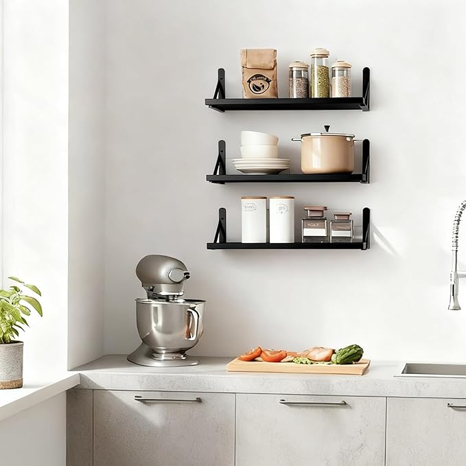 Fixwal Wall Floating Shelves for Home Decor (Black, Set of 3, 16.5 Inch) | Wood Shelves, Natural Grain, 40Lb Capacity, Sturdy Triangle Brackets, Versatile for Any Room